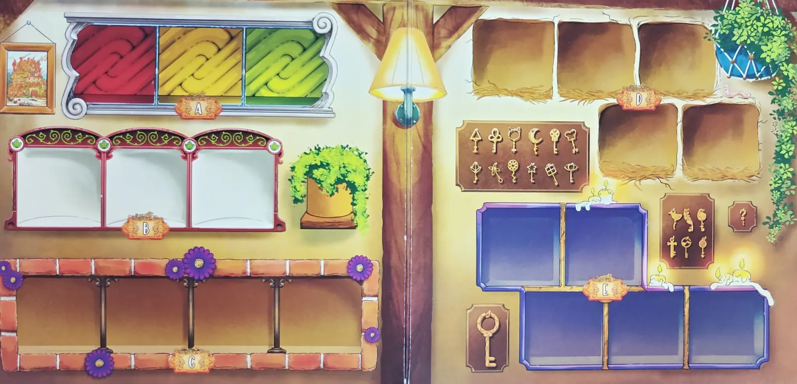 The Enchanted Ivy keepsake board: five shelves lettered A to E